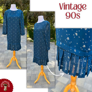 Vintage 90s Teal Drop Waist Dress Retro 20s 30s Fall Winter Modest Church Petite